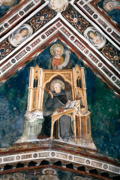 Vista del dettaglio di un affresco che decora una delle volte della Chiesa Superiore rappresentante i quattro dottori della Chiesa Romana: San Girolamo e l