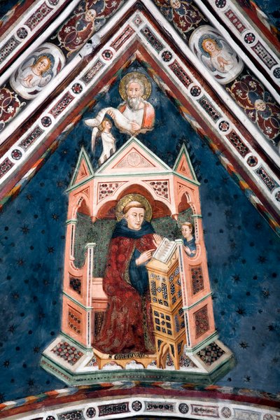 Vista del dettaglio di un affresco che decora una delle volte della Chiesa Superiore rappresentante i quattro dottori della Chiesa Romana: San Gregorio I il Grande e l