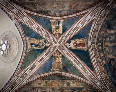 Vista degli affreschi che decorano una delle volte della Chiesa Superiore rappresentante i quattro dottori della Chiesa Romana: Ambrogio di Milano da Sienese School