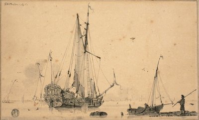 Scena di porto con navi e pescatore da Sieuwert van der Meulen