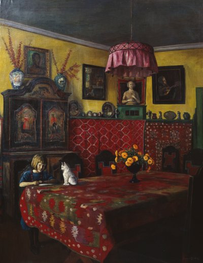 Interno con ragazza e gatto da Sigmund Sinding