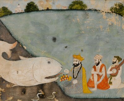 Guru Nanak con Bala, Mardana e il grande pesce (Vishnu in Matsyavatara) da Sikh School