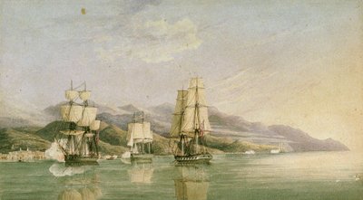 Attacco al convoglio di diciotto navi mercantili francesi a Laigrelia e Alassio, 27 giugno 1812, inizio XIX secolo da Silas Thomson (attr.to) Hood
