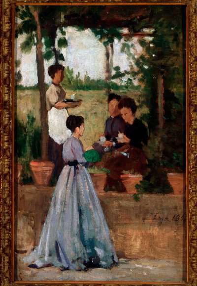 Signore italiane che bevono caffè sotto la pergola da Silvestro Lega