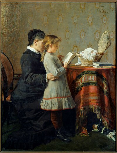 Lezione di lettura. Una bambina impara a leggere con una tata da Silvestro Lega