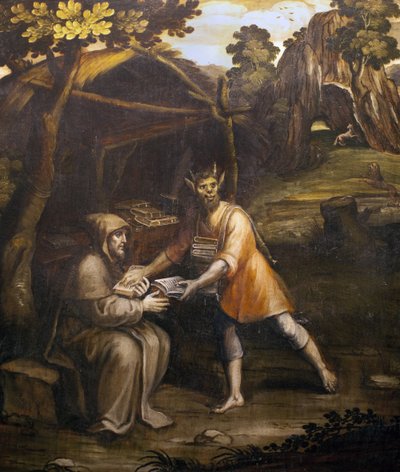 Il diavolo prende i libri sacri e li sostituisce con libri secolari; Dipinto di Simao Rodrigues (1560-1629) da Simao Rodrigues