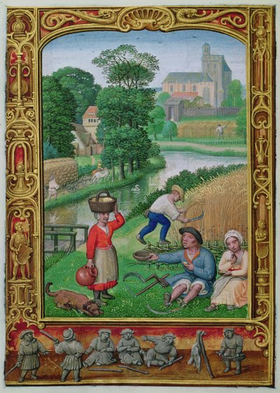 Agosto: Raccolta vicino a un fiume, da un Libro d