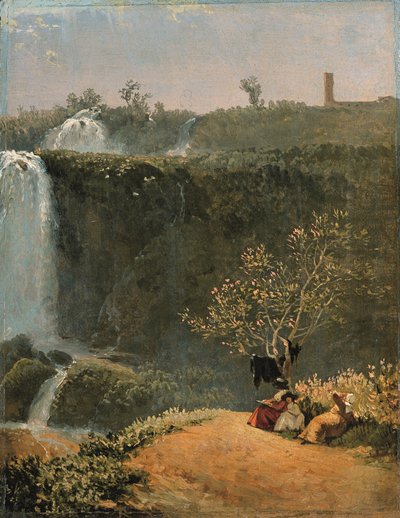 Elisabeth Louise Vigée-Lebrun che disegna la cascata di Tivoli con la figlia Julie e la sua governante (olio su carta montato su tela)) da Simon Alexandre Clément Denis
