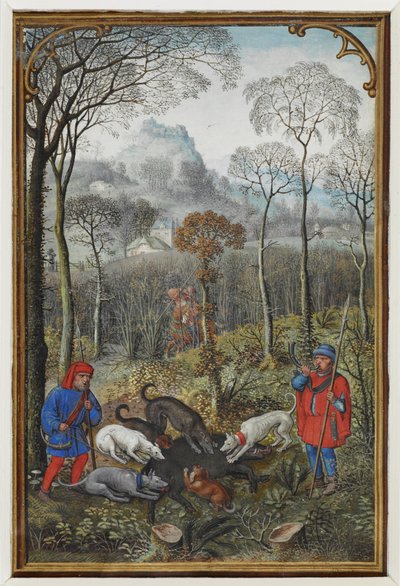 Miniatura del calendario per dicembre che mostra una caccia al cinghiale da Simon Bening