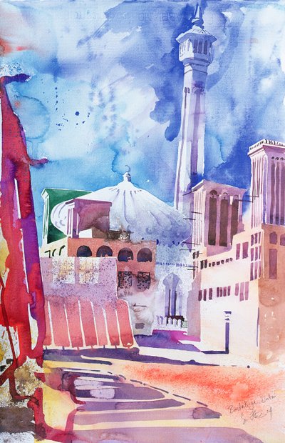 Bastakia, Dubai, 2004 (acquerello su carta) da Simon Fletcher