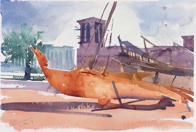Dubai, Barche e torri del vento, 2004 (acquerello su carta) da Simon Fletcher