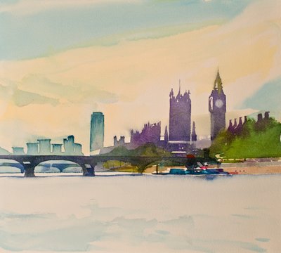 Westminster dal ponte pedonale II, 2016 (acquerello) da Simon Fletcher