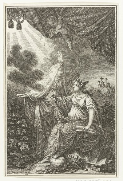 Figure allegoriche vicino al monte Golgota da Simon Fokke