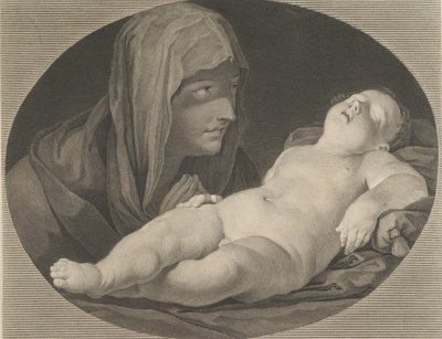 La Vergine in preghiera, che guarda il bambino Cristo dormiente, in una cornice ovale, dopo Reni da Simon Francois Ravenet