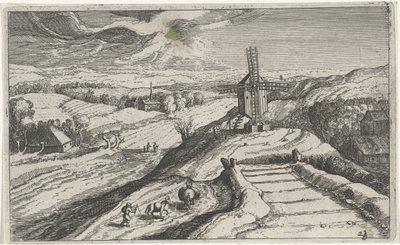 Paesaggio collinare con un mulino a vento da Simon Frisius (attributed to)