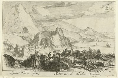 Paesaggio montano con edifici da Simon Frisius