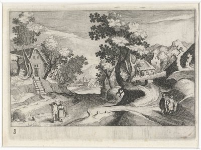 Paesaggio collinare boscoso con edifici e figure (Zuid-Europese landschappen, Topographia variarum regionum) da Simon Frisius