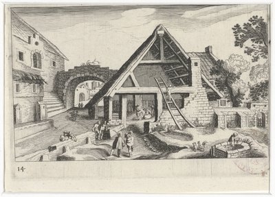 Veduta di un villaggio con la Sacra Famiglia da Simon Frisius