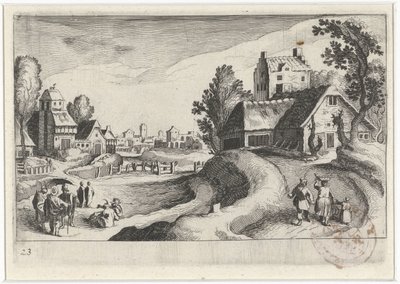 Panorama di un villaggio con una fattoria da Simon Frisius