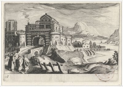 Discepoli di Emmaus davanti a una porta della città in un paesaggio montano da Simon Frisius