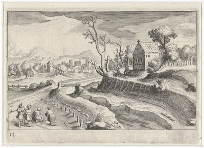 Paesaggio collinare con una cappella da Simon Frisius