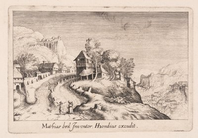 Paesaggio con sentiero su una montagna attraverso un villaggio, da Topographia Variarum Regionum da Simon Frisius