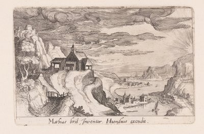 Paesaggio con una valle fluviale e una chiesa su una collina, da Topographia Variarum Regionum da Simon Frisius