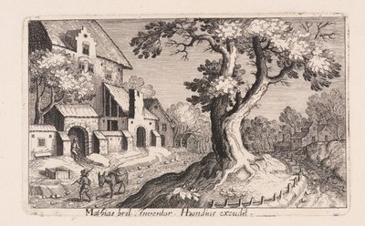Uomo con asino che cammina vicino a un villaggio, da Topographia Variarum Regionum da Simon Frisius