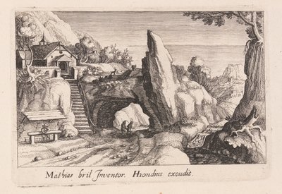 Coppia di figure che camminano sotto un ponte di roccia, da Topographia Variarum Regionum da Simon Frisius