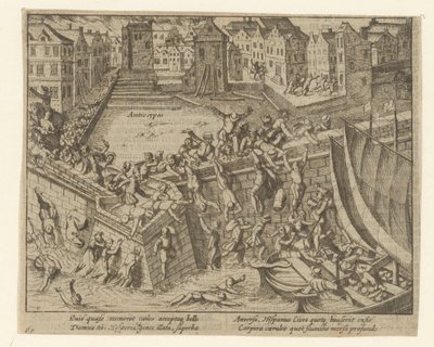 La furia spagnola: gli abitanti fuggono nella Schelda, 1576 da Simon Frisius