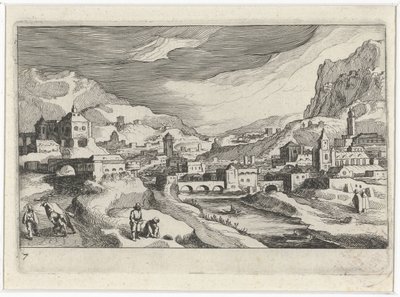 Veduta di città in una valle fluviale da Simon Frisius