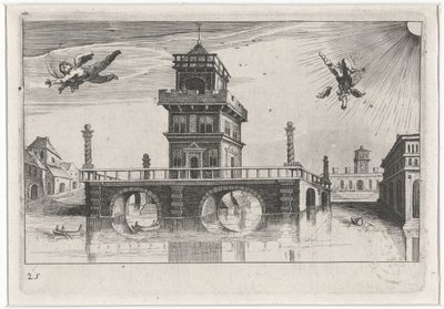 Veduta di città con Icaro e Dedalo da Simon Frisius