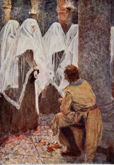 Il Cavaliere Scozzese in ginocchio osservava mentre le suore velate passavano, illustrazione per 