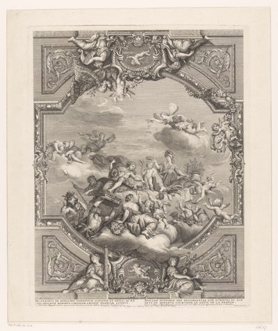 Affresco sul soffitto a Versailles: Apollo distribuisce ricompense alle Arti e alle Scienze, Minerva incorona il genio della Francia da Simon Henri Thomassin
