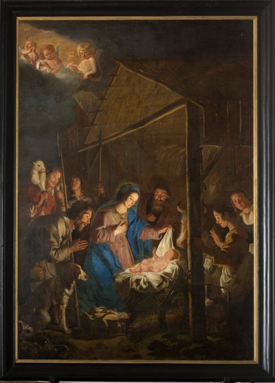Chiesa parrocchiale (Onze-Lieve-Vrouw-Hemelvaartkerk). Interno. Dipinto. Scena di Natale. Simon De Paepe. Origine abbazia Ename (?). da Simon II de Pape