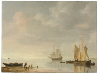 Scena costiera con navi in acque calme da Simon Jacobsz. Vlieger