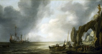 Navi da guerra olandesi ancorate al largo di una costa rocciosa, alcuni membri dell