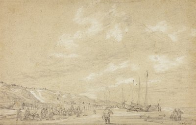 Pescatori che asciugano le reti sulla spiaggia di Scheveningen da Simon Jacobsz. Vlieger