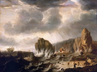 Naufragio su una costa rocciosa da Simon Jacobsz. Vlieger