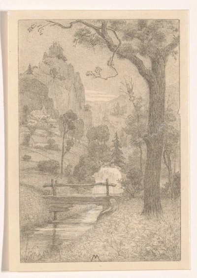 Paesaggio montano con cascata e ponte da Simon Moulijn