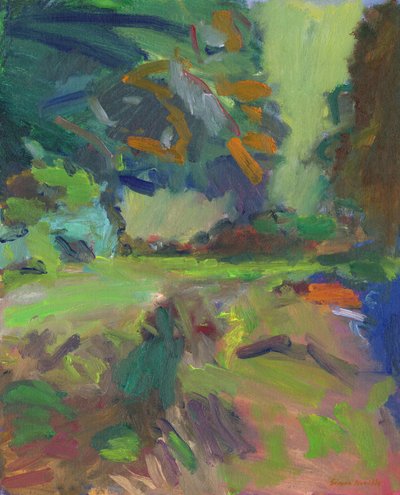 Campo con alberi, 2024 (olio su pannello di tela) da Simon Neville