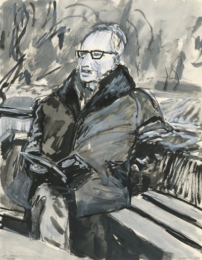 Uomo che legge un libro, 2019 (inchiostro e colori acrilici su carta) da Simon Neville