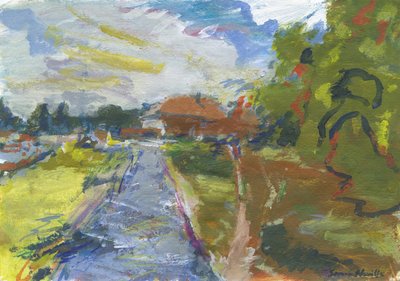 Pavenment  shortcut to houses, 2024 (acrilico, acquerello, matite acquerellabili e pastello a olio su carta) da Simon Neville