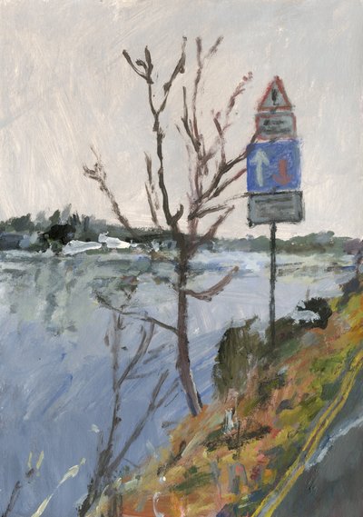 Fiume Tamigi con albero e segnali stradali, 2023 da Simon Neville