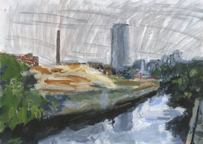 River Wandle and Ram Brewery redevelopment site, Wandsworth, 2025 (acrilico, penne a vernice acrilica, penne a china, penne a inchiostro a base di olio e grafite su carta) da Simon Neville