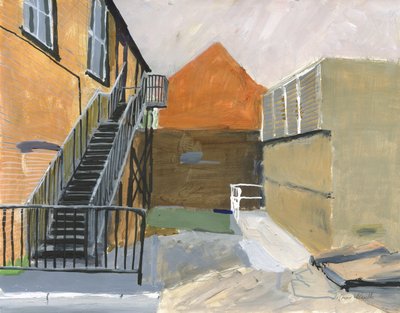 Small courtyard, Wandsworth, 2025 (acrilico, penne a vernice acrilica, penne a china, penne a olio e grafite su carta) da Simon Neville