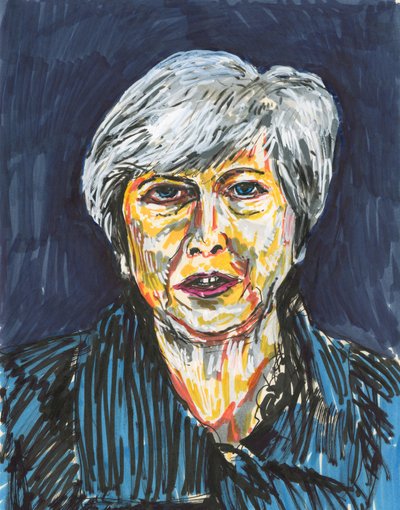 Theresa May, 2019 (inchiostro e colori acrilici su carta) da Simon Neville