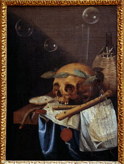 Vanità natura morta con teschio, corona di alloro, flauti, spartito e brocca di vino da Simon Renard de Saint Andre