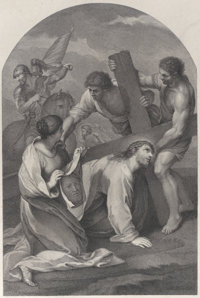 Cristo caduto a terra sotto il peso della croce, con due uomini che assistono da Simon Vallee