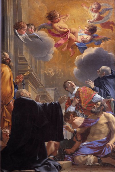 San Merry (o San Mederico), Vescovo di Parigi (VII secolo) che libera i prigionieri. Dipinto di Simon Vouet (1590-1649) 1640. Chiesa Saint Merri, Parigi da Simon Vouet